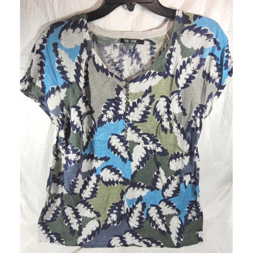 Nic+Zoe Women's Linen Rayon V-Neck Short Sleeve Sweater Top - Large